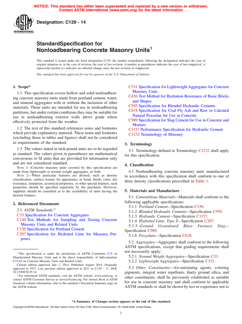 ASTM C129-14 - Standard Specification for  Nonloadbearing Concrete Masonry Units