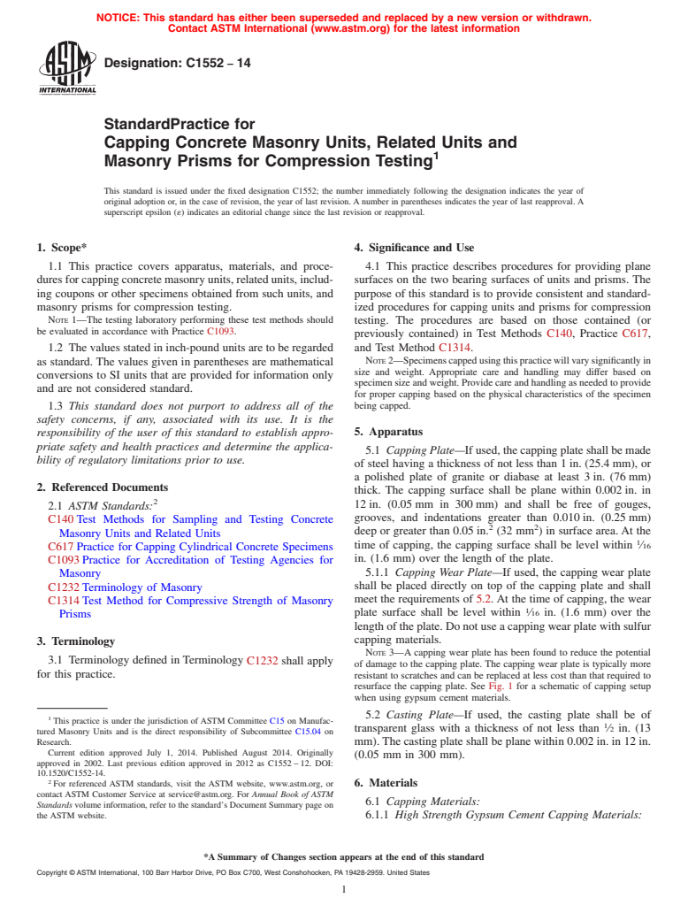 ASTM C1552-14 - Standard Practice for  Capping Concrete Masonry Units, Related Units and Masonry Prisms   for Compression Testing