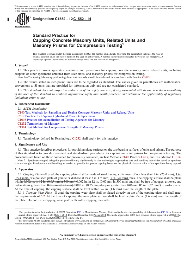 REDLINE ASTM C1552-14 - Standard Practice for  Capping Concrete Masonry Units, Related Units and Masonry Prisms   for Compression Testing