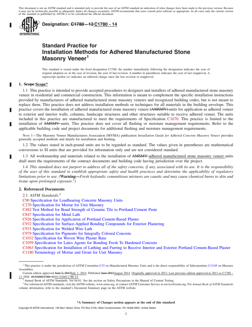 REDLINE ASTM C1780-14 - Standard Practice for Installation Methods for Adhered Manufactured Stone Masonry  Veneer