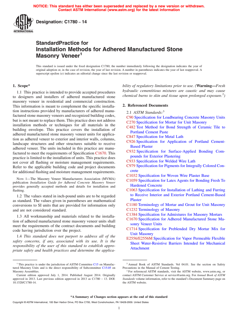 ASTM C1780-14 - Standard Practice for Installation Methods for Adhered Manufactured Stone Masonry  Veneer