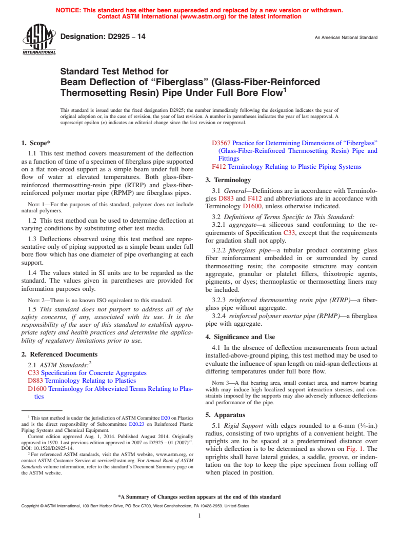 ASTM D2925-14 - Standard Test Method for  Beam Deflection of &ldquo;Fiberglass&rdquo; &#40;Glass-Fiber-Reinforced  Thermosetting Resin&#41; Pipe Under Full Bore Flow