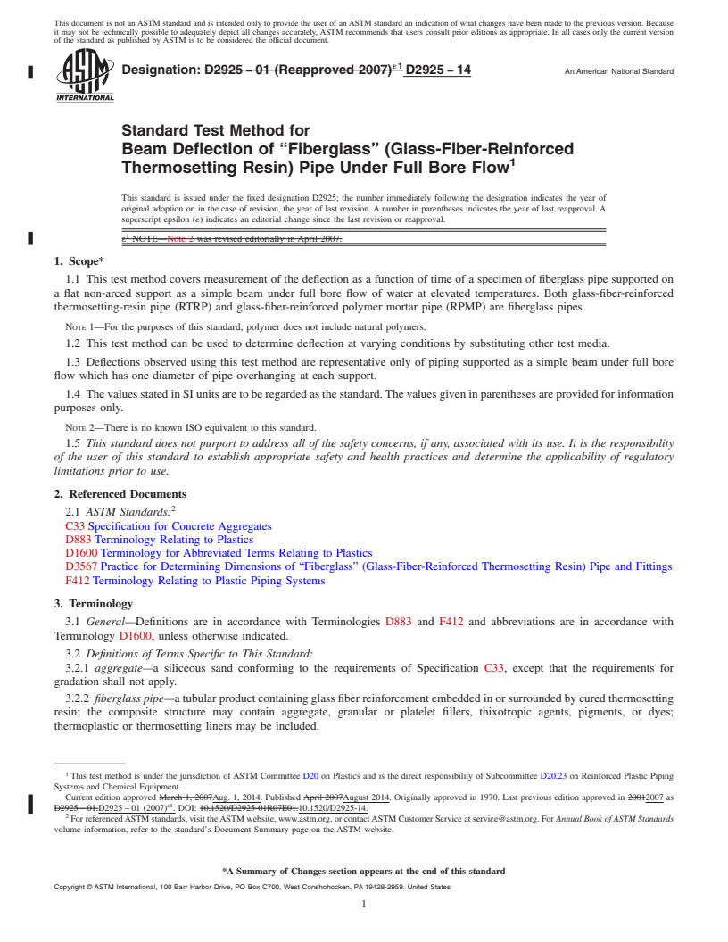 REDLINE ASTM D2925-14 - Standard Test Method for  Beam Deflection of &ldquo;Fiberglass&rdquo; &#40;Glass-Fiber-Reinforced  Thermosetting Resin&#41; Pipe Under Full Bore Flow