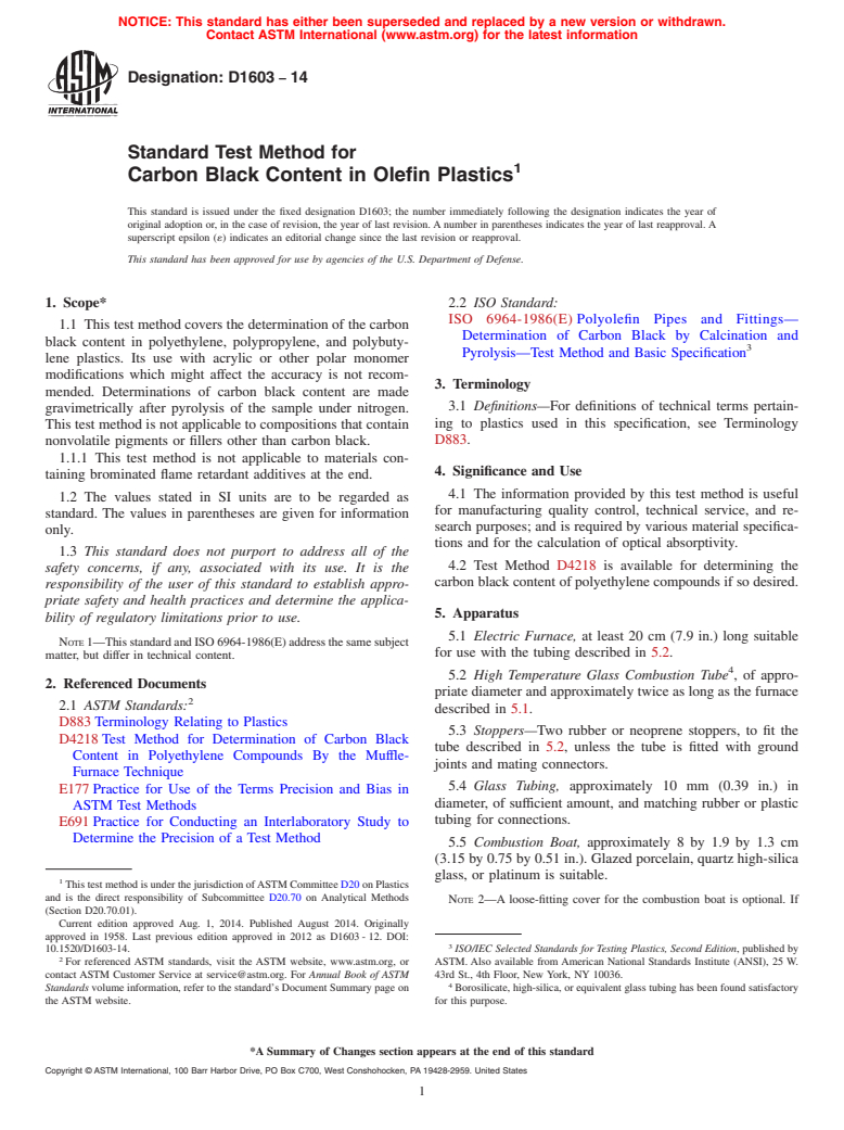 ASTM D1603-14 - Standard Test Method for  Carbon Black Content in Olefin Plastics