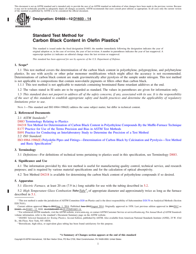 REDLINE ASTM D1603-14 - Standard Test Method for  Carbon Black Content in Olefin Plastics