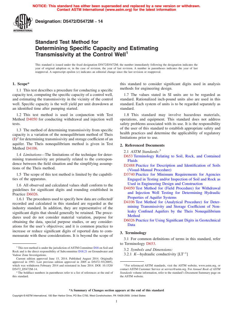 ASTM D5472/D5472M-14 - Standard Test Method for Determining Specific Capacity and Estimating Transmissivity at the Control Well