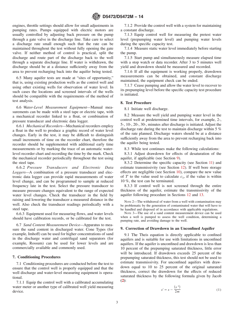 ASTM D5472/D5472M-14 - Standard Test Method for Determining Specific Capacity and Estimating Transmissivity at the Control Well