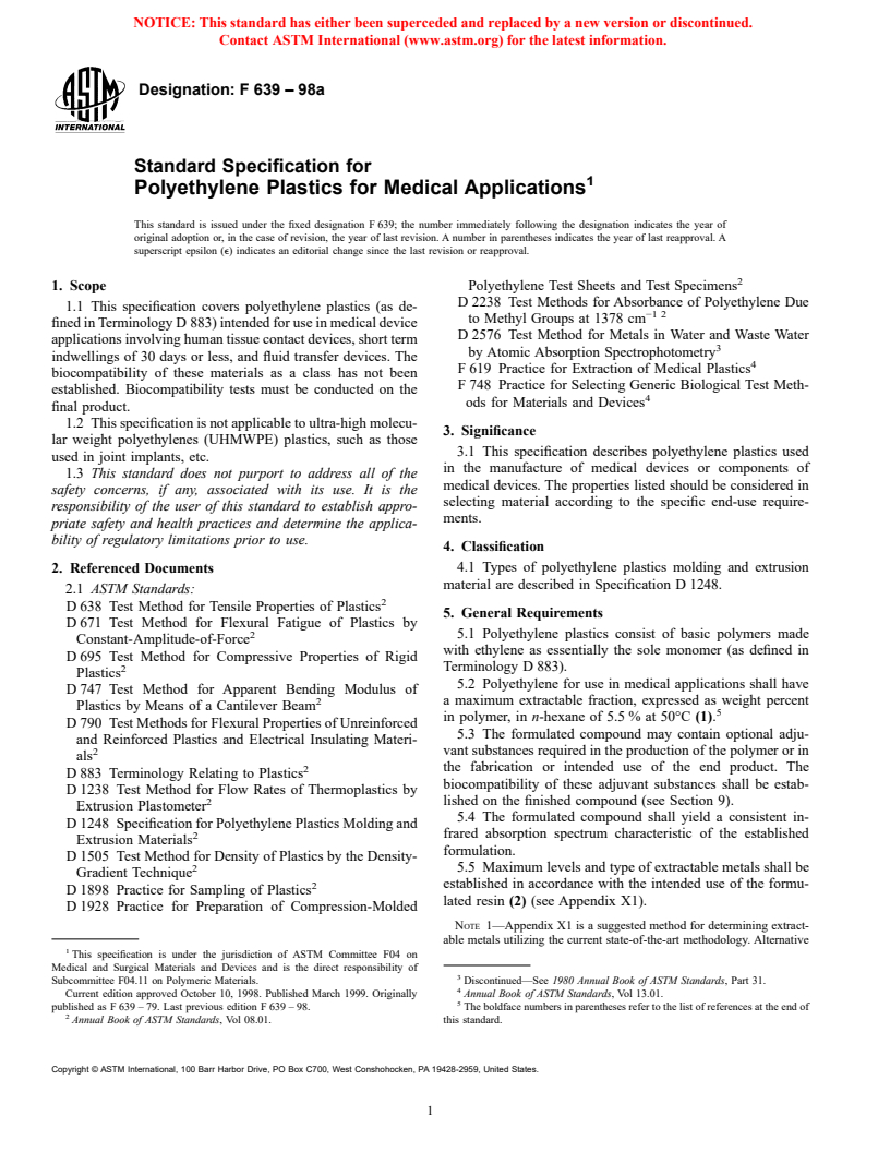 ASTM F639-98a - Standard Specification for Polyethylene Plastics for Medical Applications