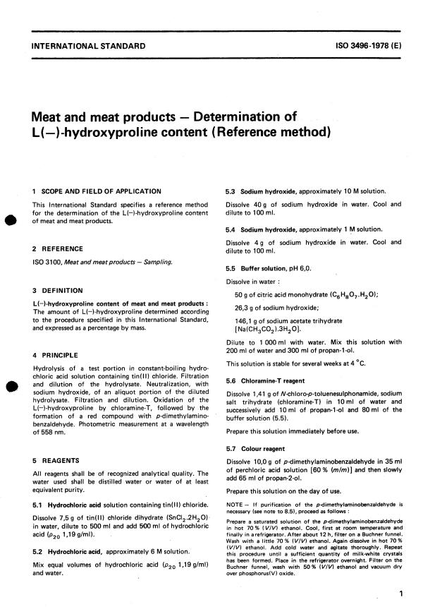 ISO 3496:1978 - Meat and meat products -- Determination of L(-)- hydroxyproline content (Reference method)