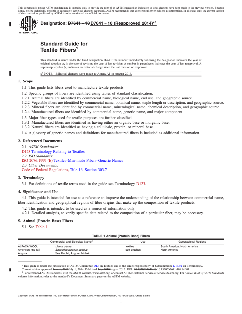 REDLINE ASTM D7641-10(2014)e1 - Standard Guide for Textile Fibers