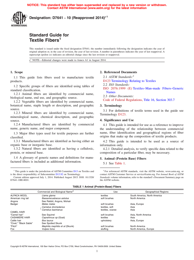 ASTM D7641-10(2014)e1 - Standard Guide for Textile Fibers