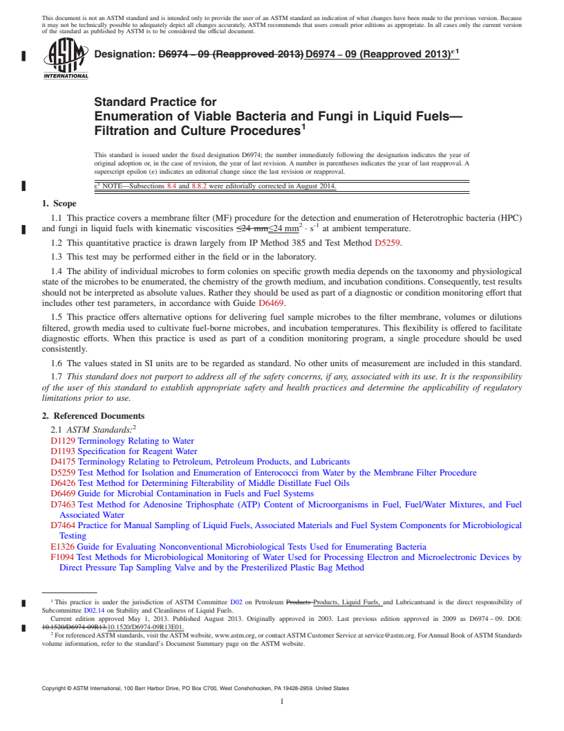 REDLINE ASTM D6974-09(2013)e1 - Standard Practice for  Enumeration of Viable Bacteria and Fungi in Liquid Fuels&mdash;Filtration  and Culture Procedures