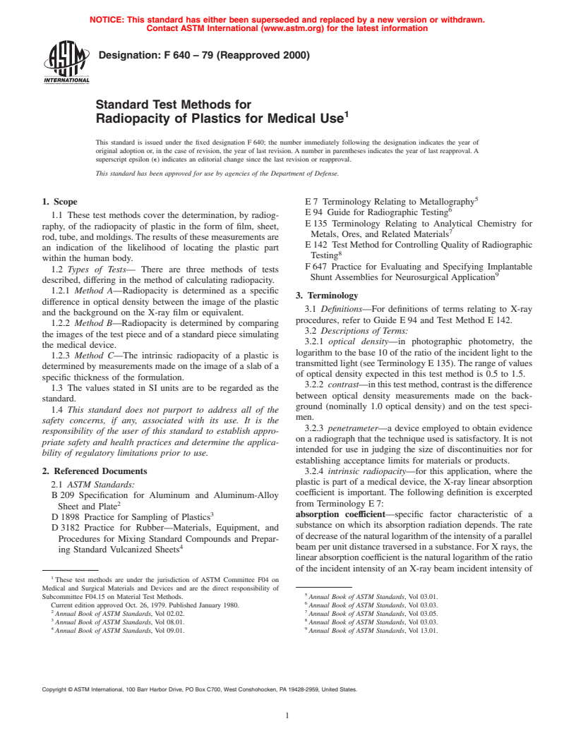 ASTM F640-79(2000) - Standard Test Methods for Radiopacity of Plastics for Medical Use