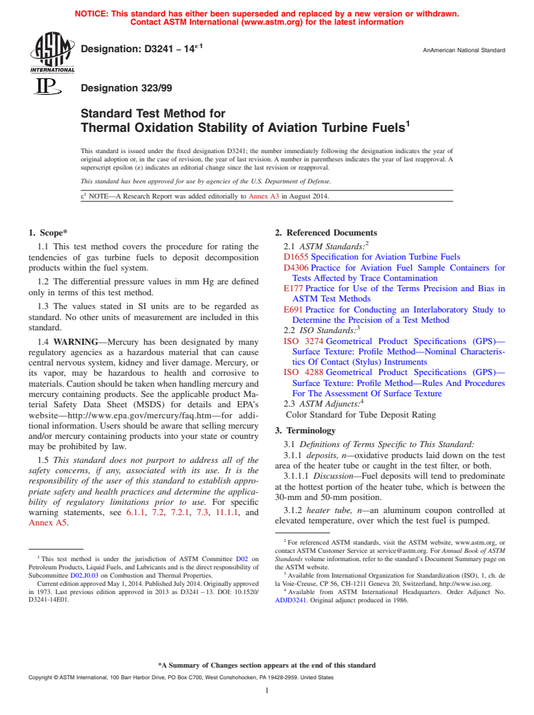 ASTM D3241-14e1 - Standard Test Method for Thermal Oxidation Stability of Aviation Turbine Fuels