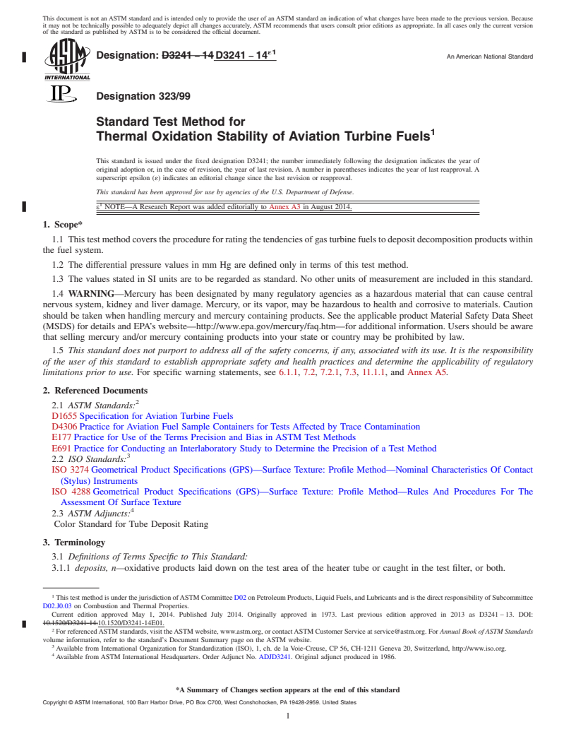 REDLINE ASTM D3241-14e1 - Standard Test Method for Thermal Oxidation Stability of Aviation Turbine Fuels