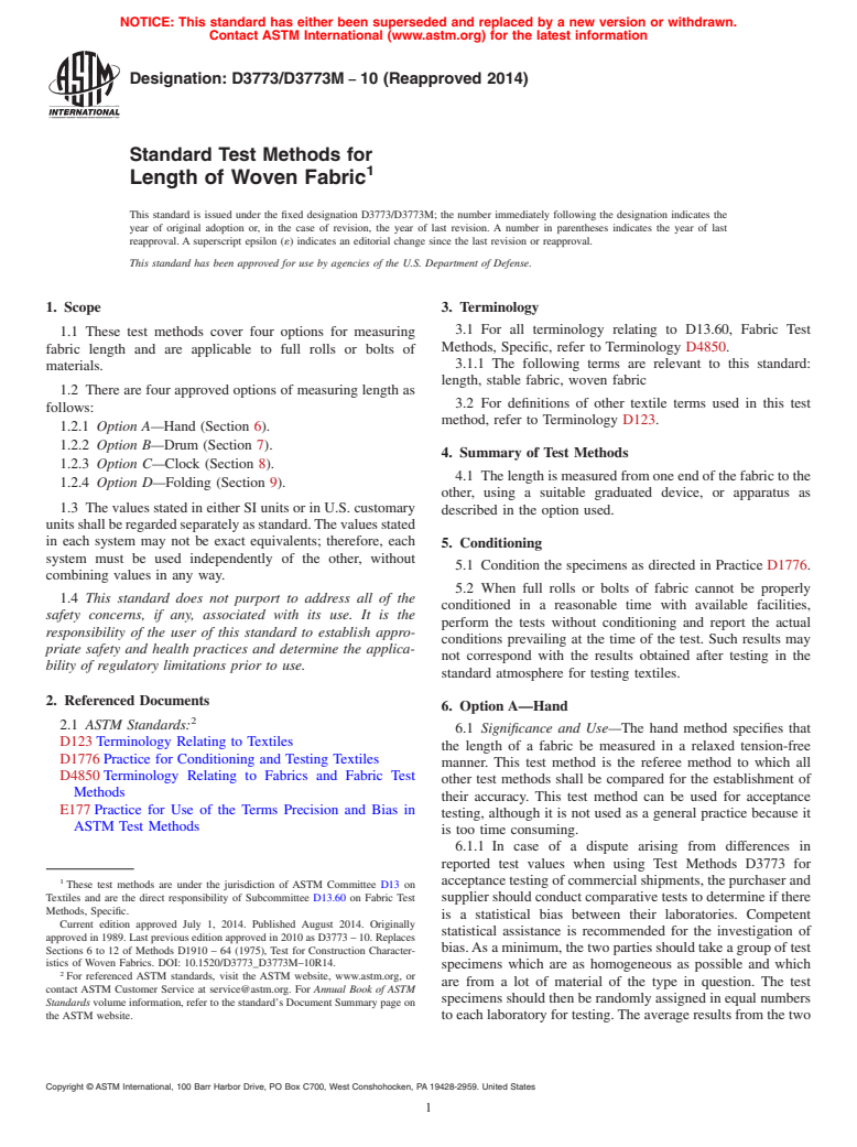 ASTM D3773/D3773M-10(2014) - Standard Test Methods for  Length of Woven Fabric