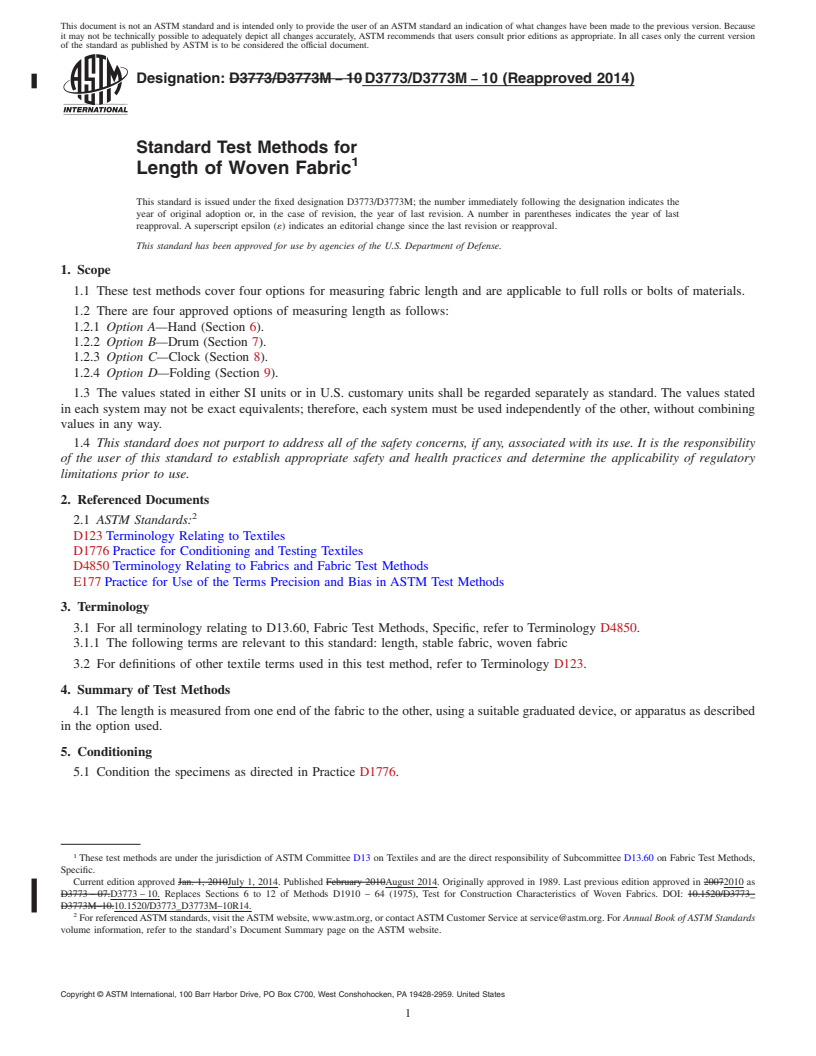 REDLINE ASTM D3773/D3773M-10(2014) - Standard Test Methods for  Length of Woven Fabric