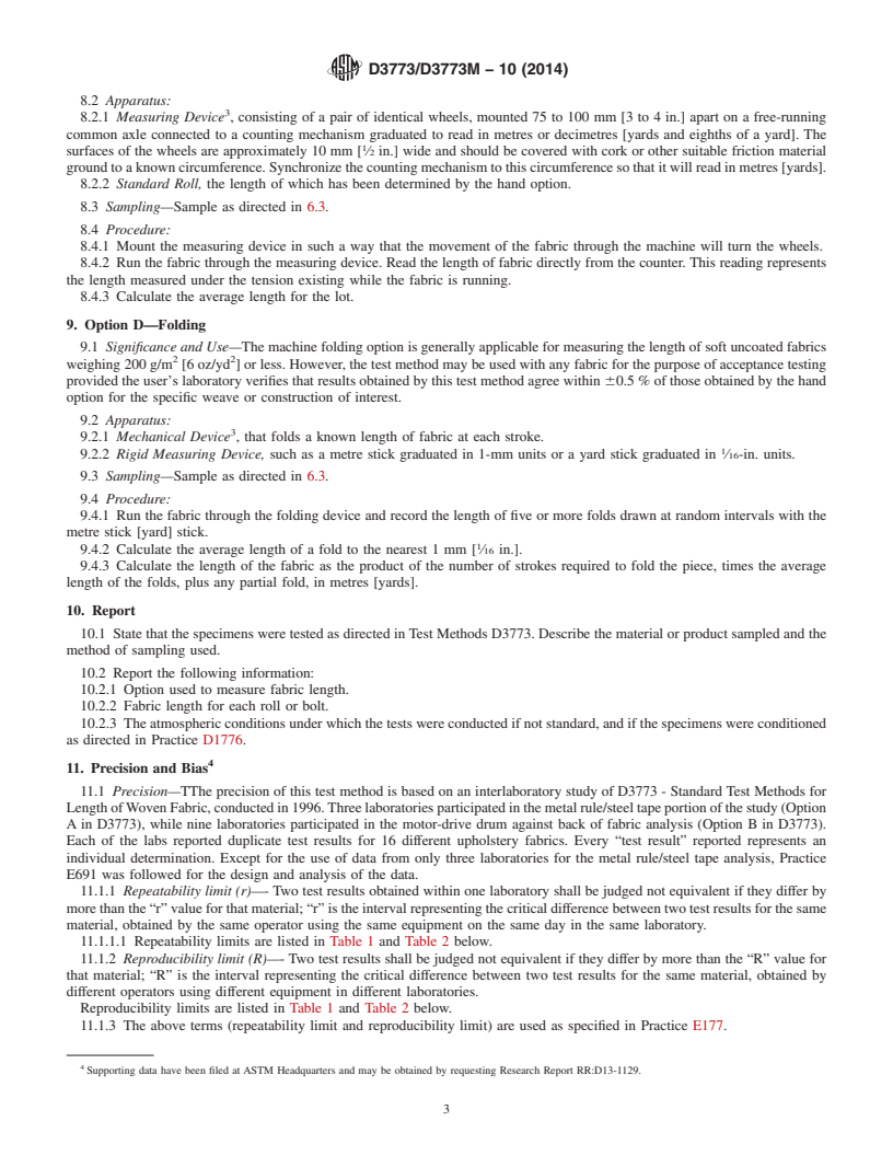 REDLINE ASTM D3773/D3773M-10(2014) - Standard Test Methods for  Length of Woven Fabric