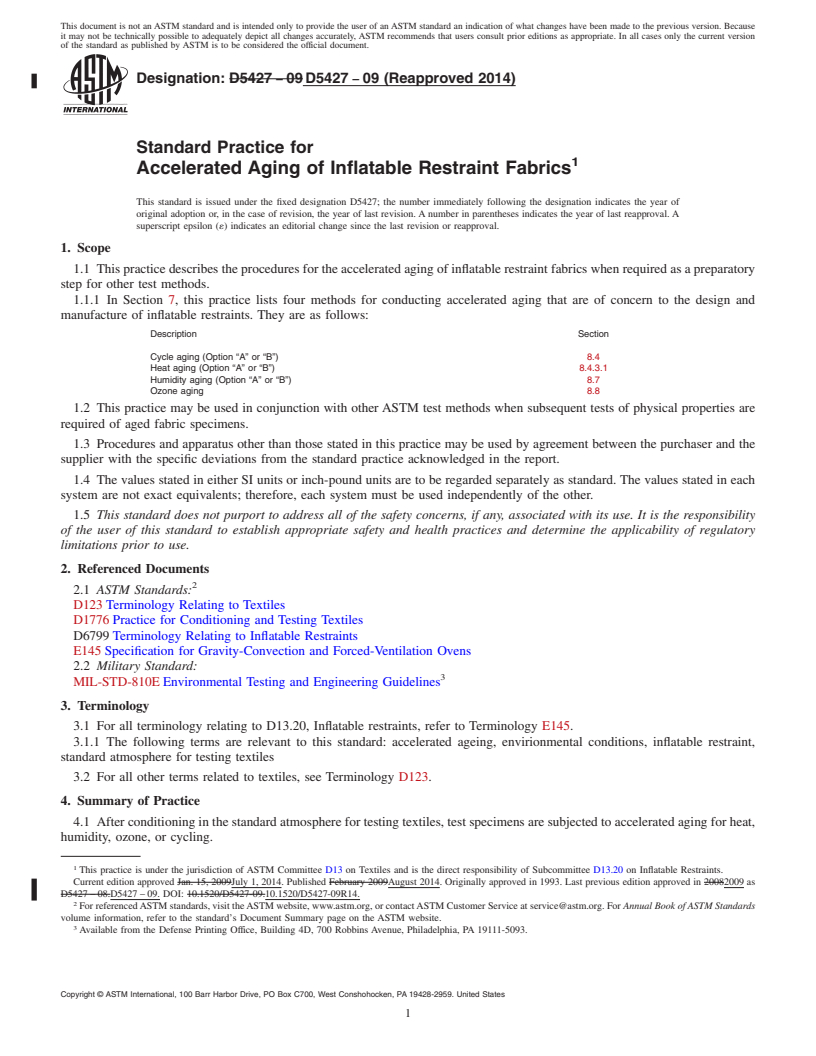 REDLINE ASTM D5427-09(2014) - Standard Practice for  Accelerated Aging of Inflatable Restraint Fabrics