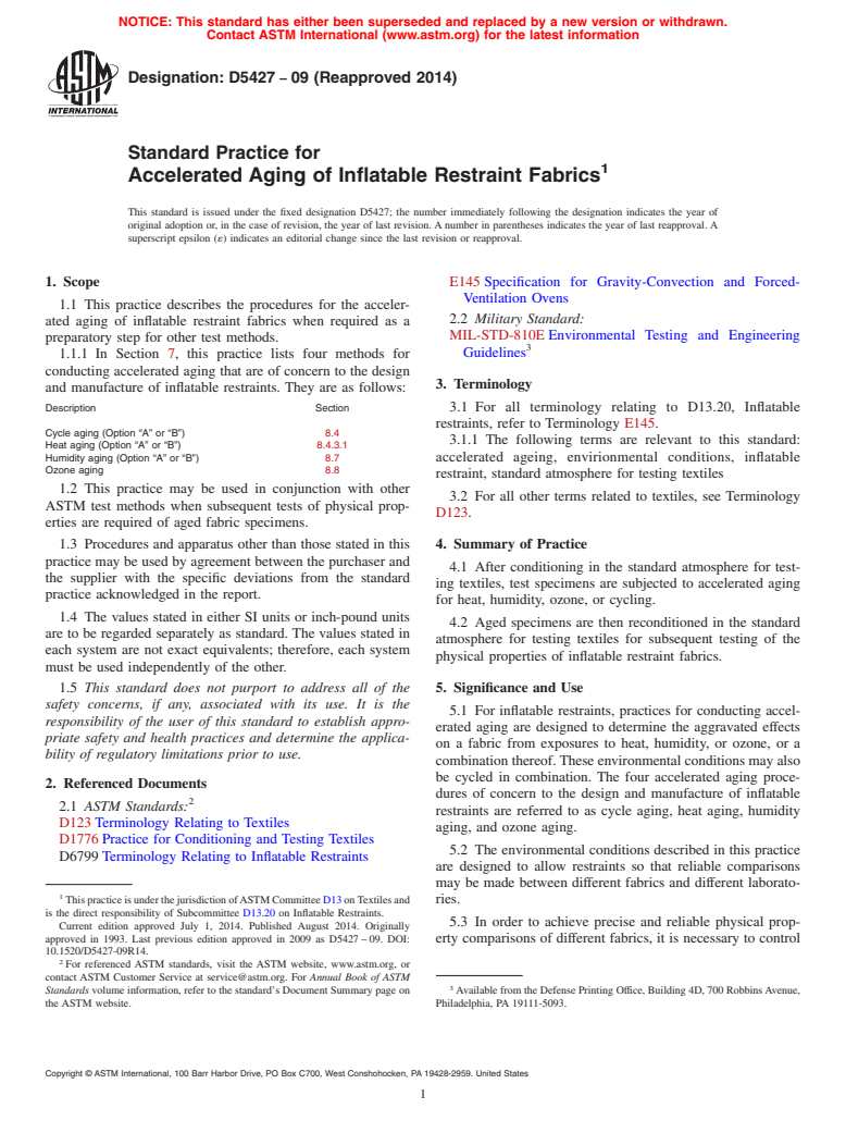 ASTM D5427-09(2014) - Standard Practice for  Accelerated Aging of Inflatable Restraint Fabrics