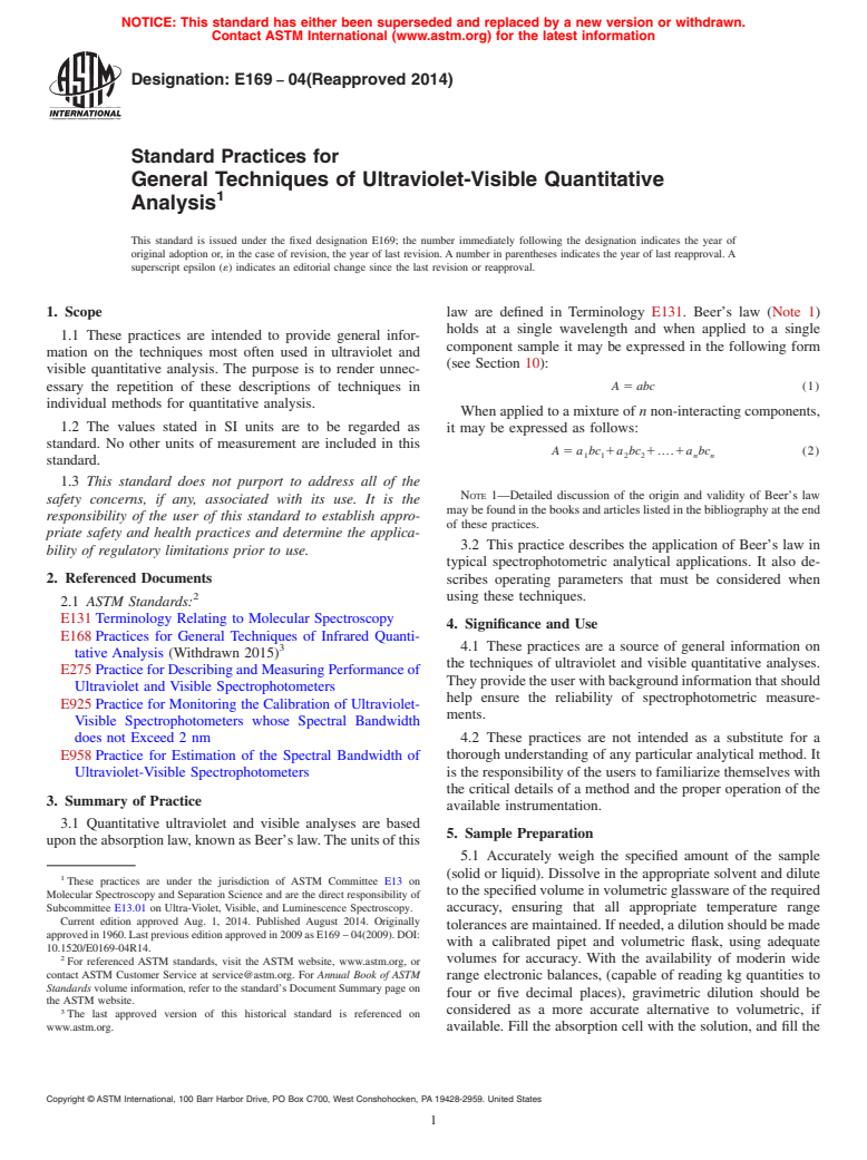 ASTM E169-04(2014) - Standard Practices for General Techniques of Ultraviolet-Visible Quantitative Analysis