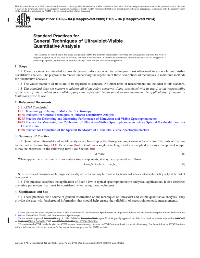 REDLINE ASTM E169-04(2014) - Standard Practices for General Techniques of Ultraviolet-Visible Quantitative Analysis