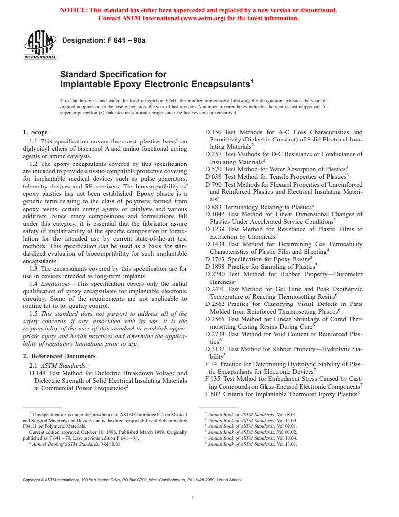 ASTM F641-98a - Standard Specification for Implantable Epoxy Electronic Encapsulants