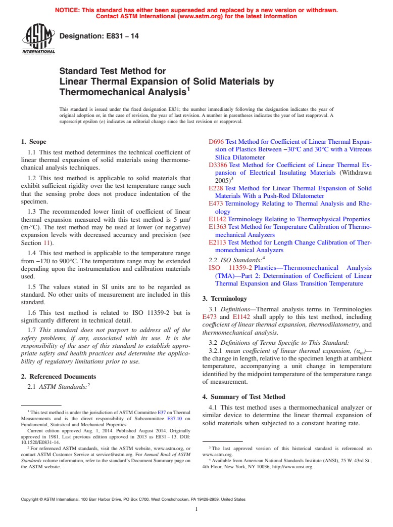 ASTM E831-14 - Standard Test Method for  Linear Thermal Expansion of Solid Materials by Thermomechanical  Analysis