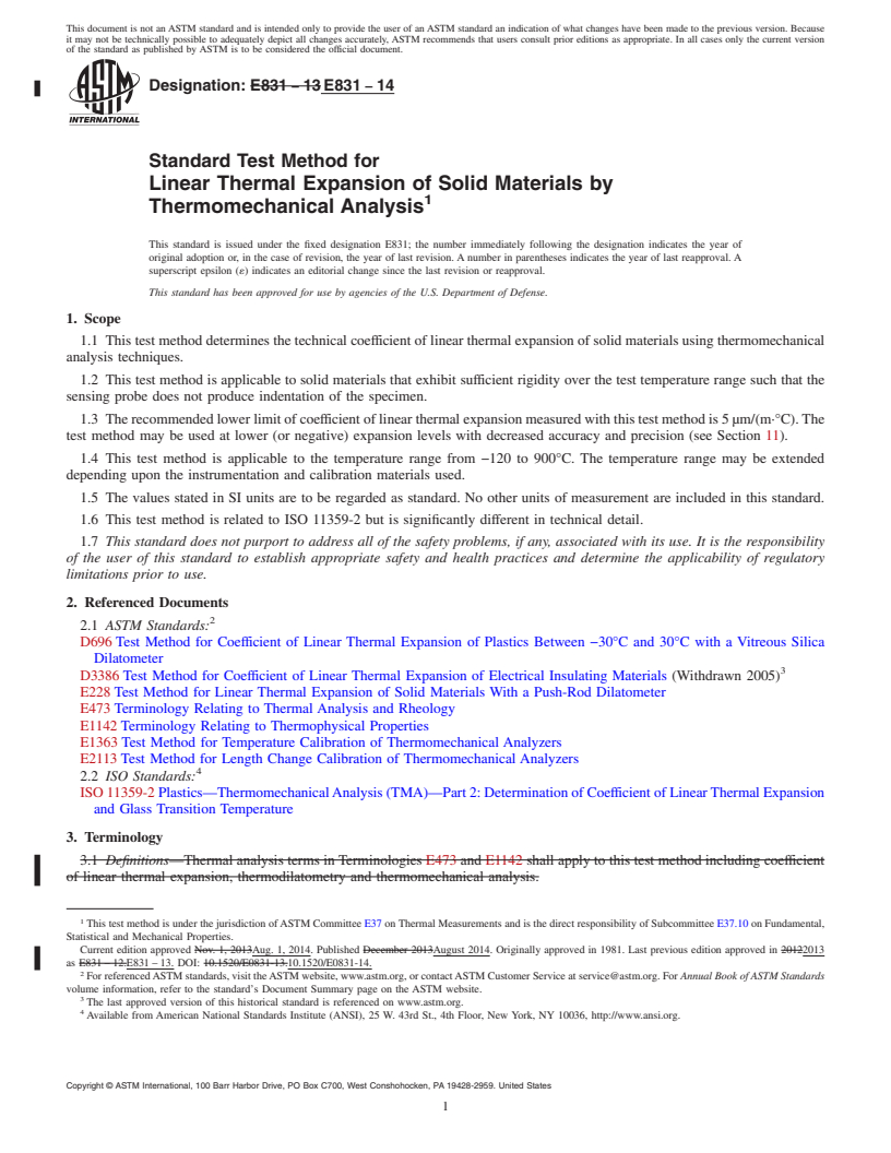 REDLINE ASTM E831-14 - Standard Test Method for  Linear Thermal Expansion of Solid Materials by Thermomechanical  Analysis