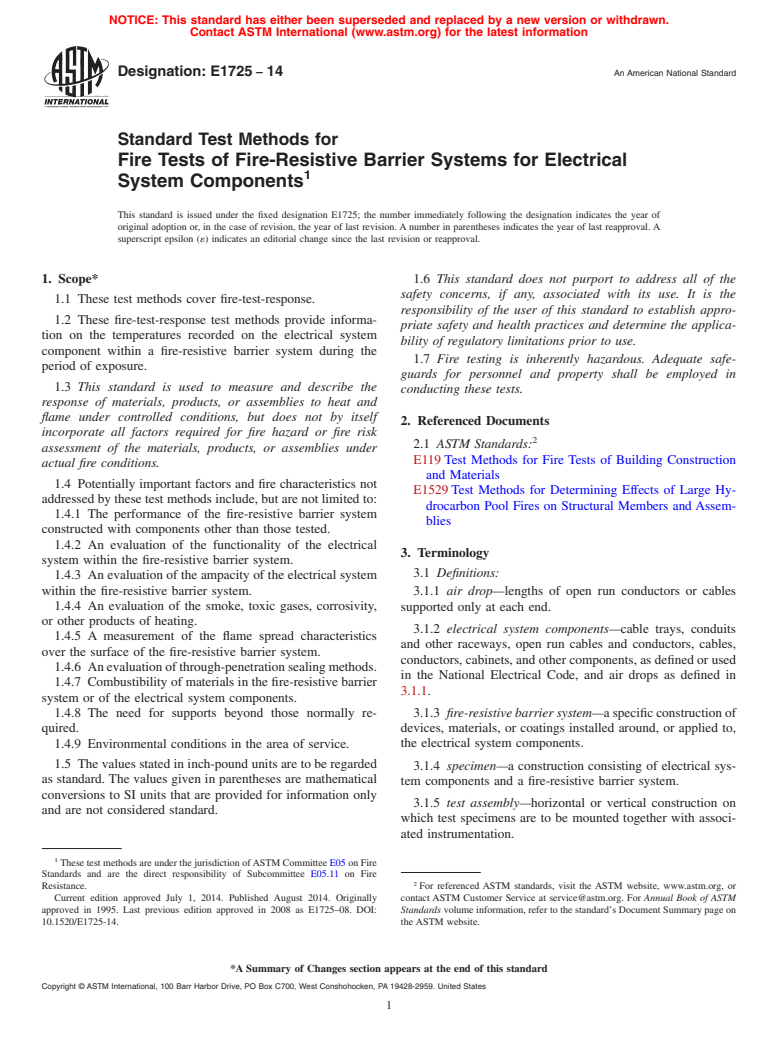 ASTM E1725-14 - Standard Test Methods for  Fire Tests of Fire-Resistive Barrier Systems for Electrical  System Components
