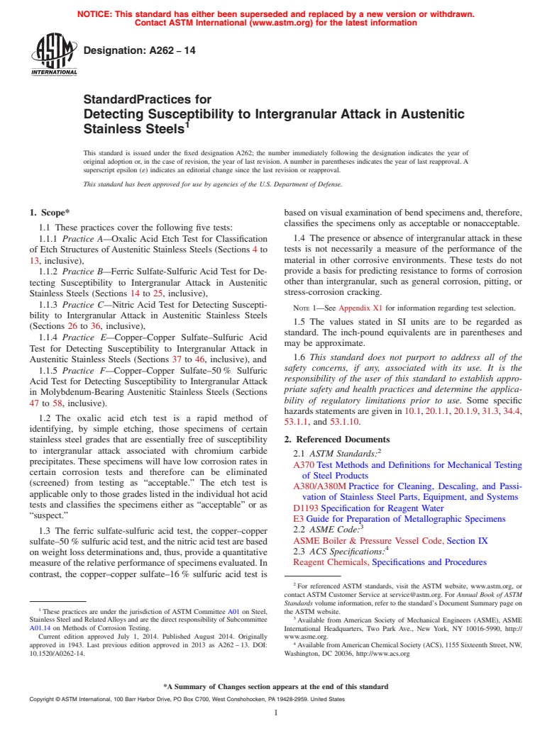 ASTM A262-14 - Standard Practices for Detecting Susceptibility to Intergranular Attack in Austenitic  Stainless Steels