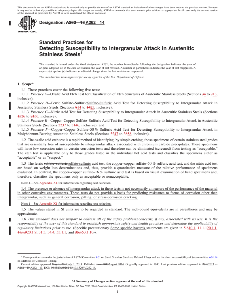 REDLINE ASTM A262-14 - Standard Practices for Detecting Susceptibility to Intergranular Attack in Austenitic  Stainless Steels