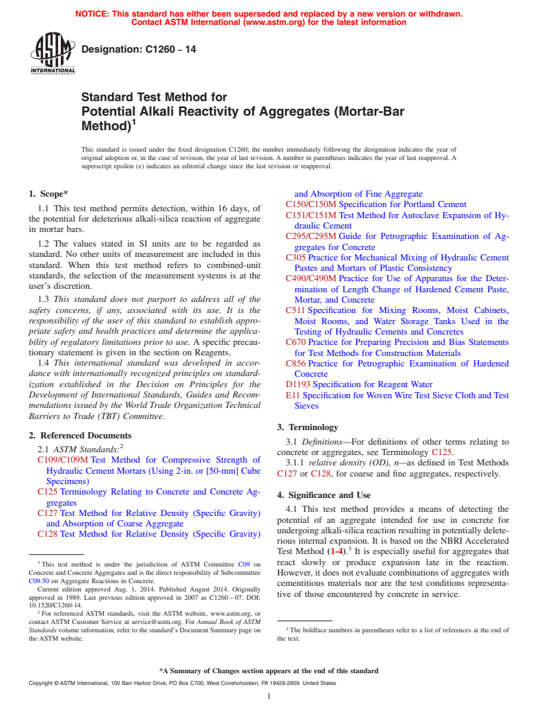 ASTM C1260-14 - Standard Test Method for  Potential Alkali Reactivity of Aggregates &#40;Mortar-Bar Method&#41;