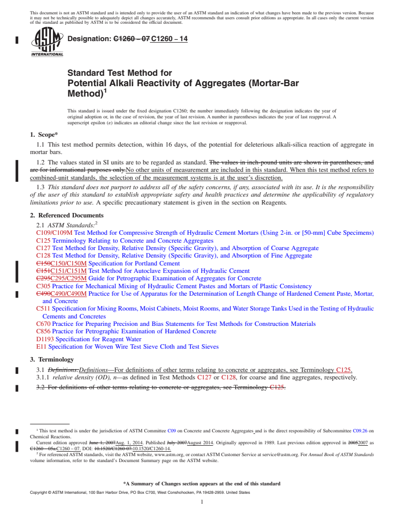 REDLINE ASTM C1260-14 - Standard Test Method for  Potential Alkali Reactivity of Aggregates &#40;Mortar-Bar Method&#41;