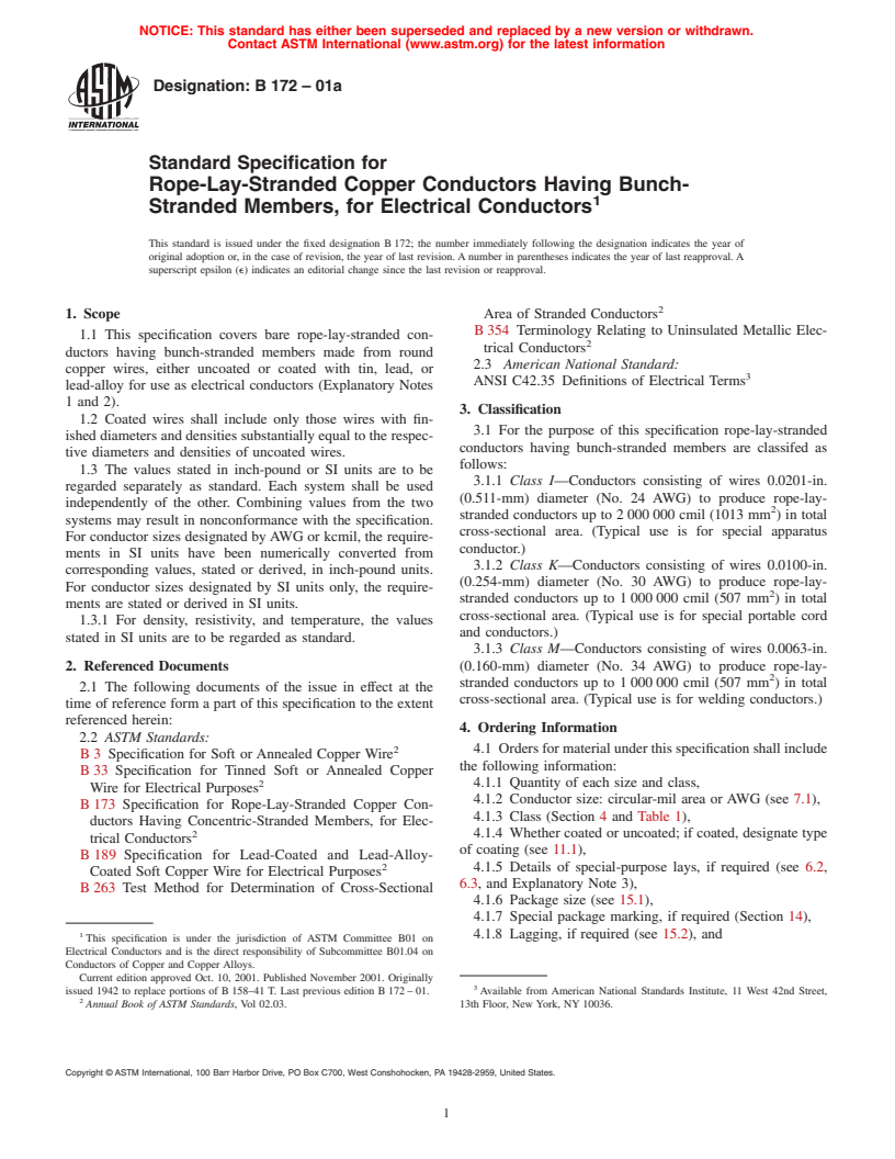 ASTM B172-01a - Standard Specification for Rope-Lay-Stranded Copper Conductors Having Bunch-Stranded Members, for Electrical Conductors