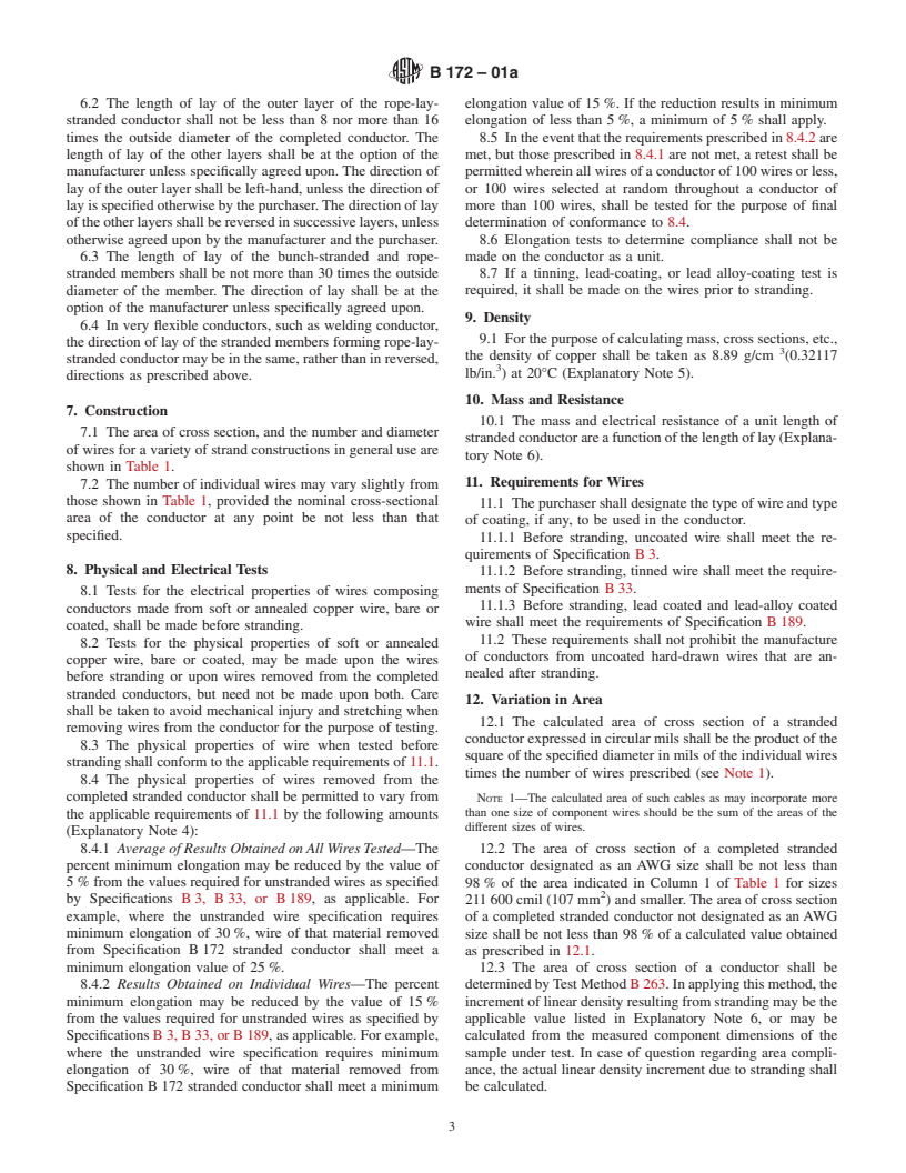 ASTM B172-01a - Standard Specification for Rope-Lay-Stranded Copper Conductors Having Bunch-Stranded Members, for Electrical Conductors