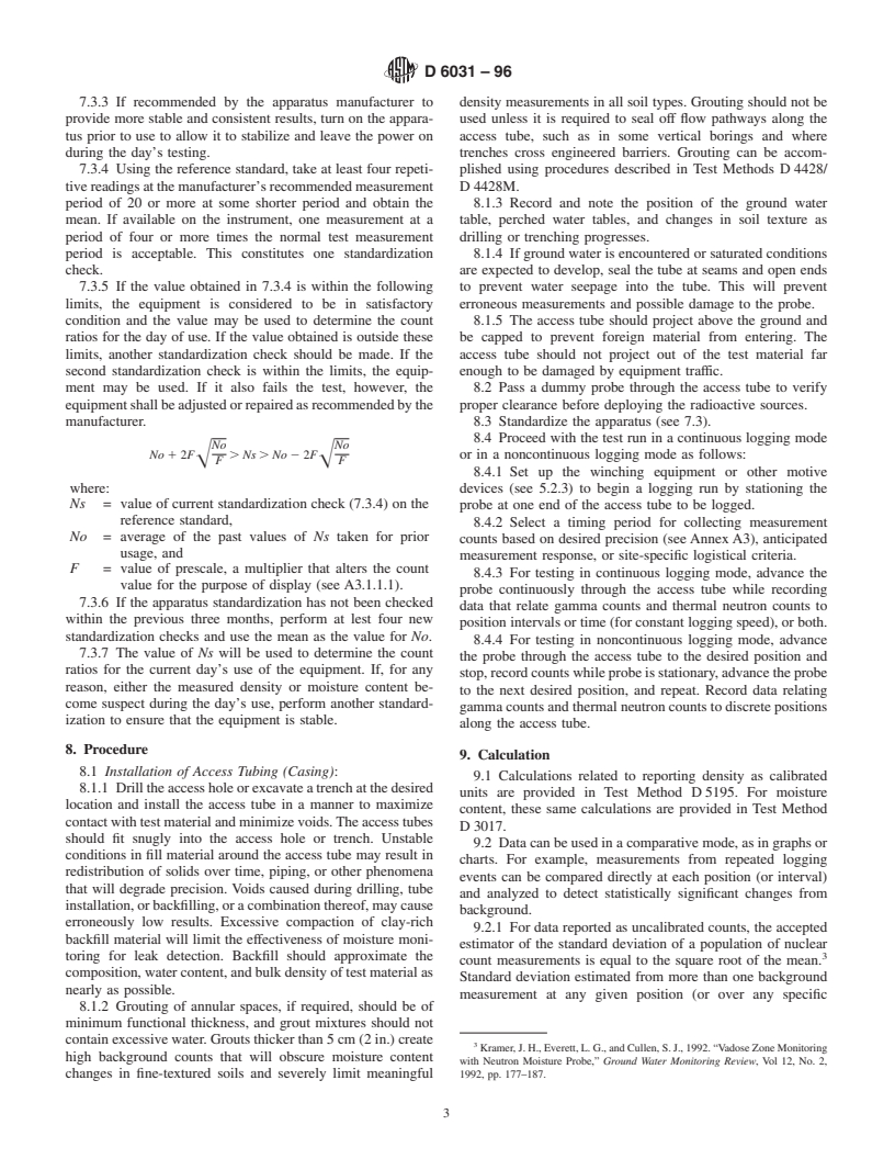 ASTM D6031-96 - Standard Test Method for Logging In Situ Moisture Content and Density of Soil and Rock by the Nuclear Method in Horizontal, Slanted, and Vertical Access Tubes