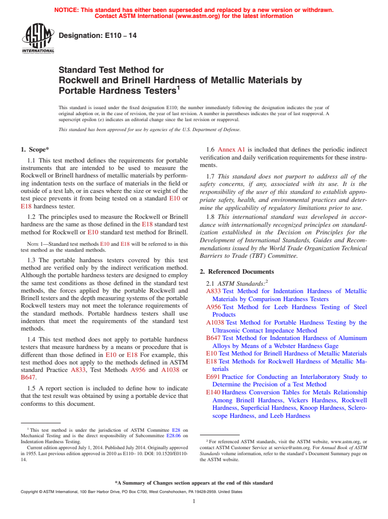 ASTM E110-14 - Standard Test Method for  Rockwell and Brinell Hardness of Metallic Materials by Portable  Hardness Testers