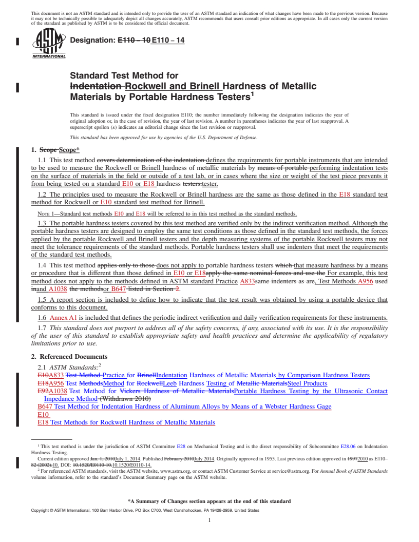 REDLINE ASTM E110-14 - Standard Test Method for  Rockwell and Brinell Hardness of Metallic Materials by Portable  Hardness Testers