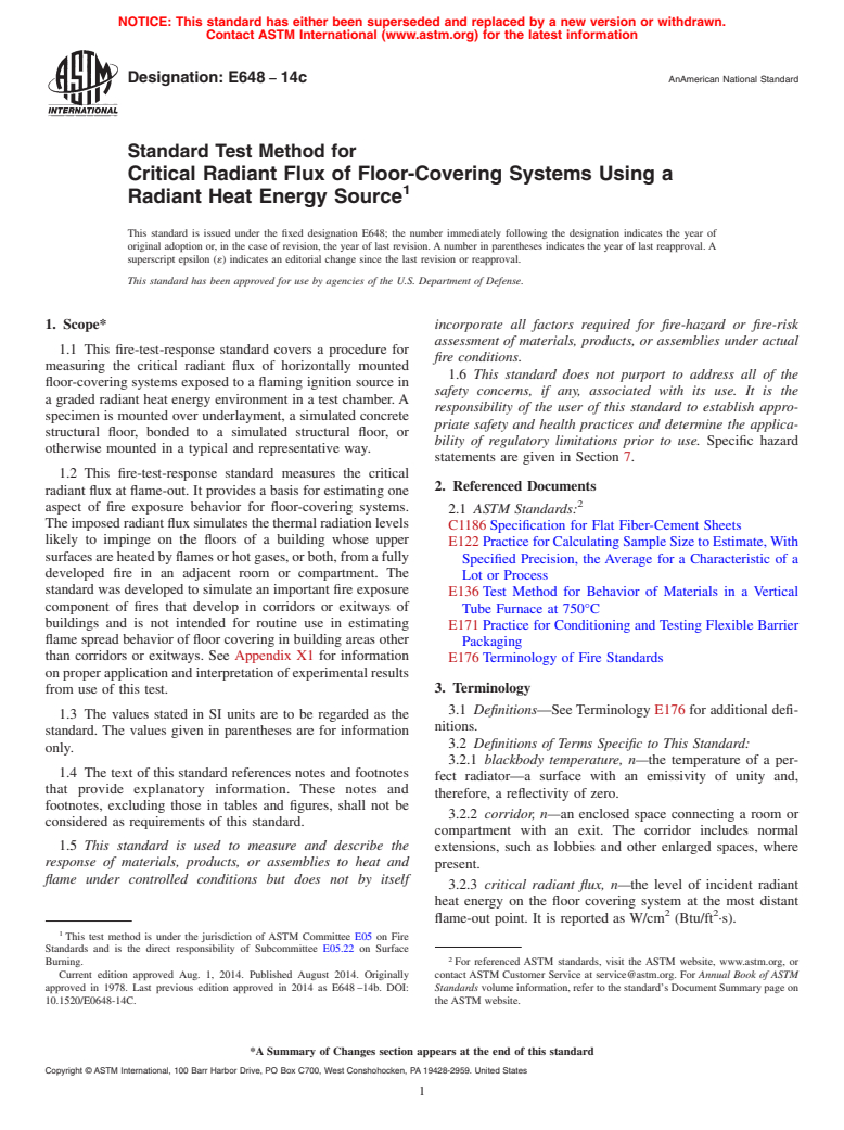 ASTM E648-14c - Standard Test Method for  Critical Radiant Flux of Floor-Covering Systems Using a Radiant  Heat Energy Source