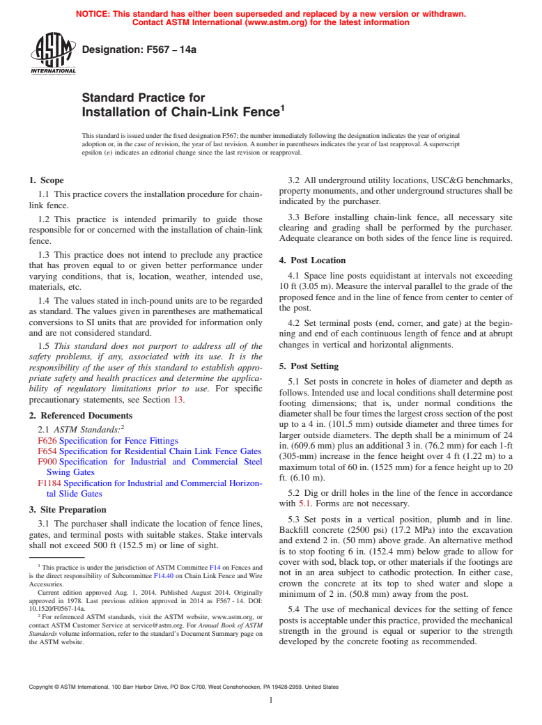 ASTM F567-14a - Standard Practice for  Installation of Chain-Link Fence