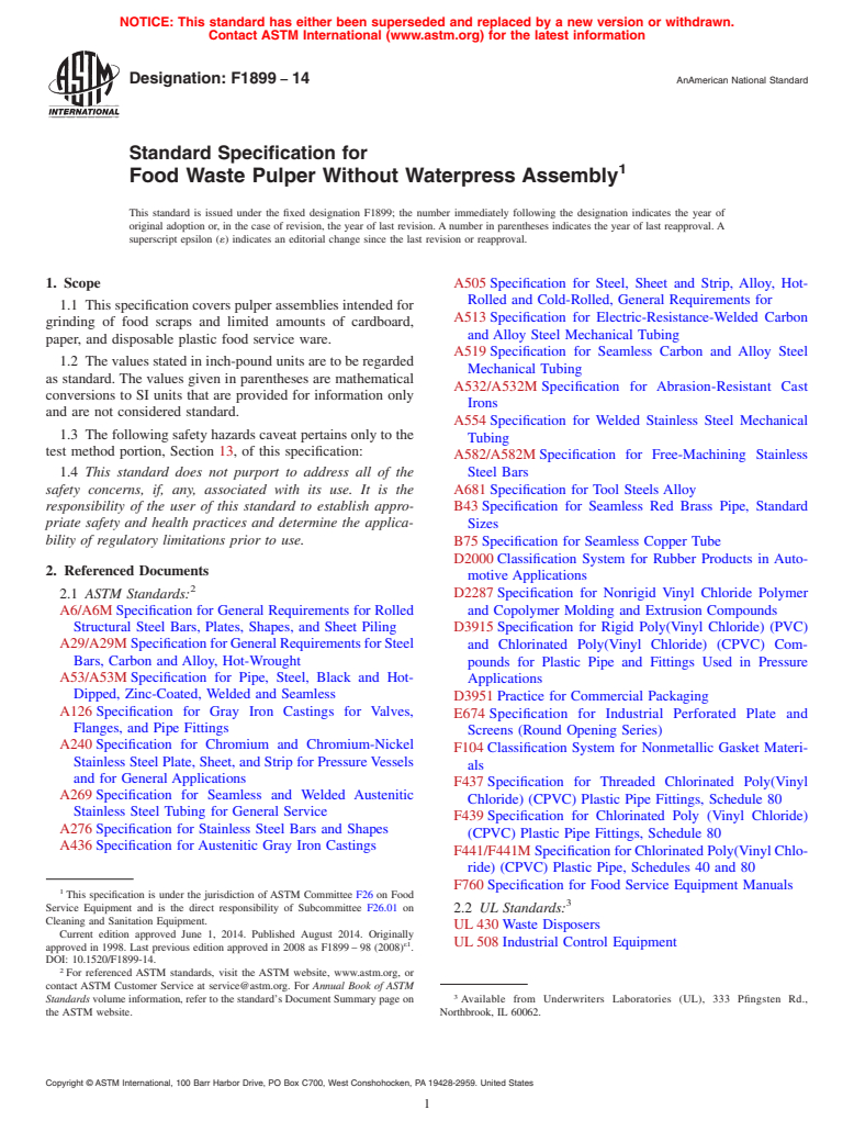 ASTM F1899-14 - Standard Specification for  Food Waste Pulper Without Waterpress Assembly