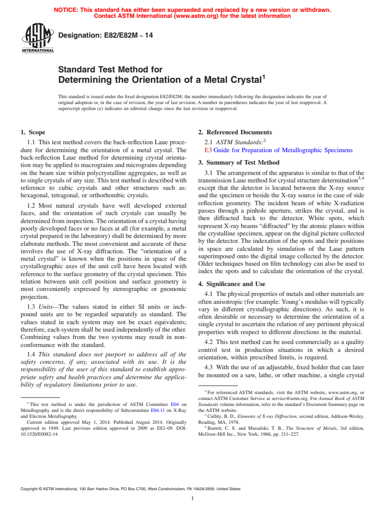 ASTM E82/E82M-14 - Standard Test Method for Determining the Orientation of a Metal Crystal