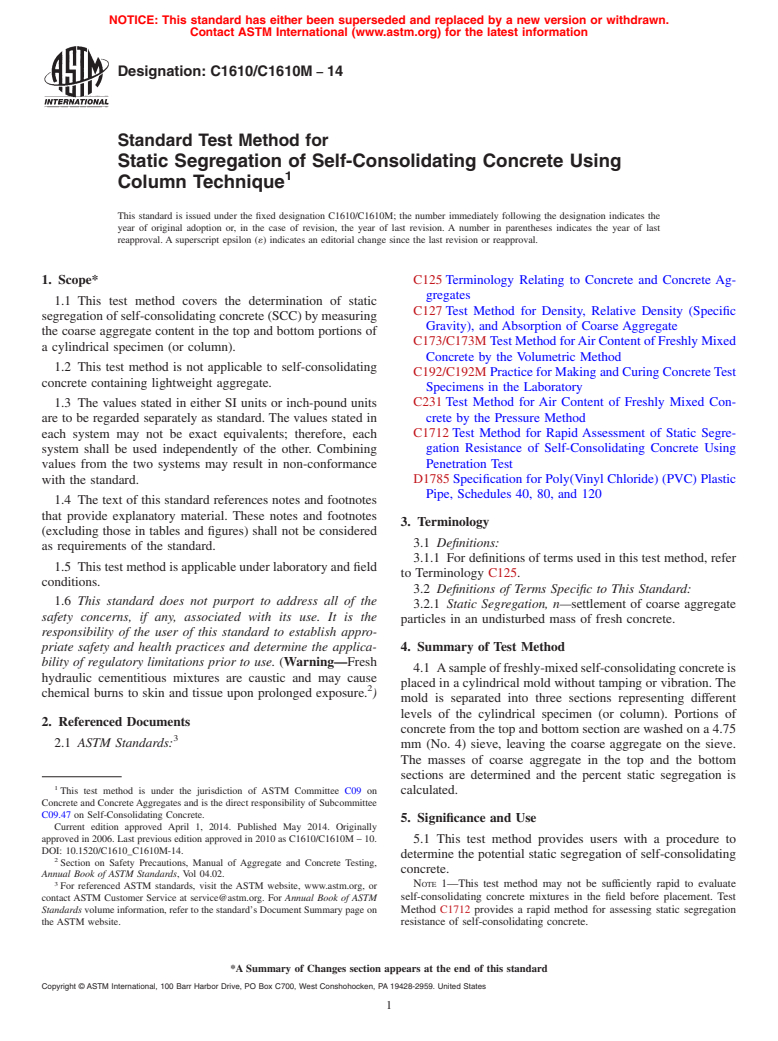 ASTM C1610/C1610M-14 - Standard Test Method for  Static Segregation of Self-Consolidating Concrete Using Column  Technique