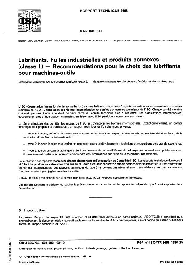 ISO/TR 3498:1986 - Lubrifiants, huiles industrielles et produits connexes (classe L) -- Recommandations pour le choix des lubrifiants pour machines-outils