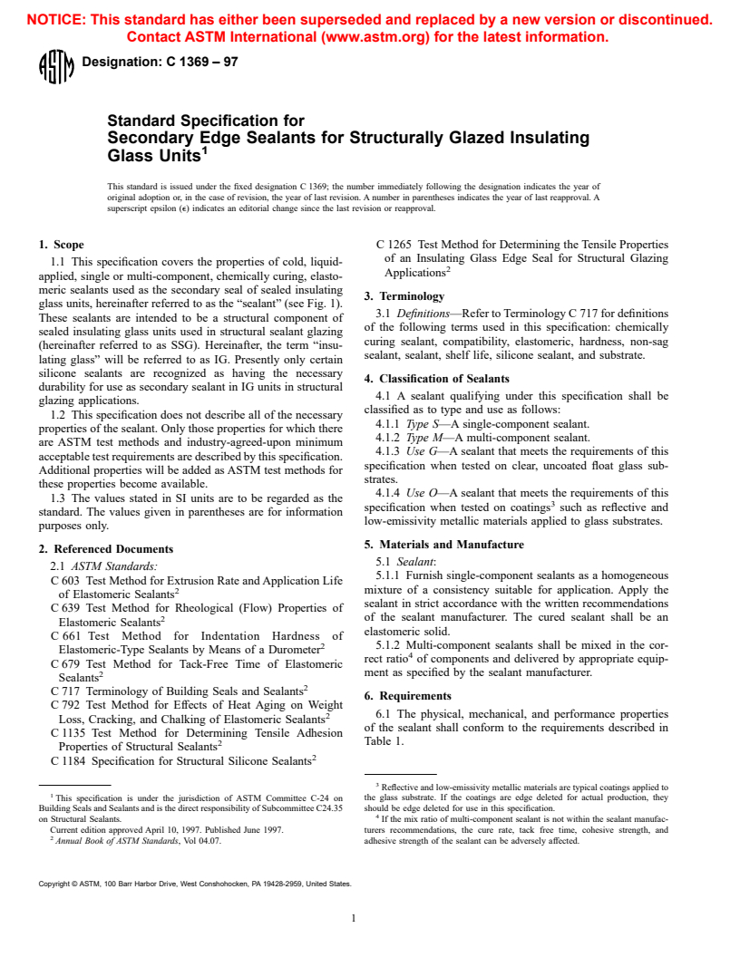 ASTM C1369-97 - Standard Specification for Secondary Edge Sealants for Structurally Glazed Insulating Glass Units