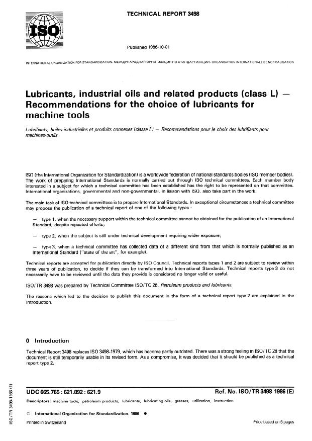 ISO/TR 3498:1986 - Lubricants, industrial oils and related products (class L) -- Recommendations for the choice of lubricants for machine tools