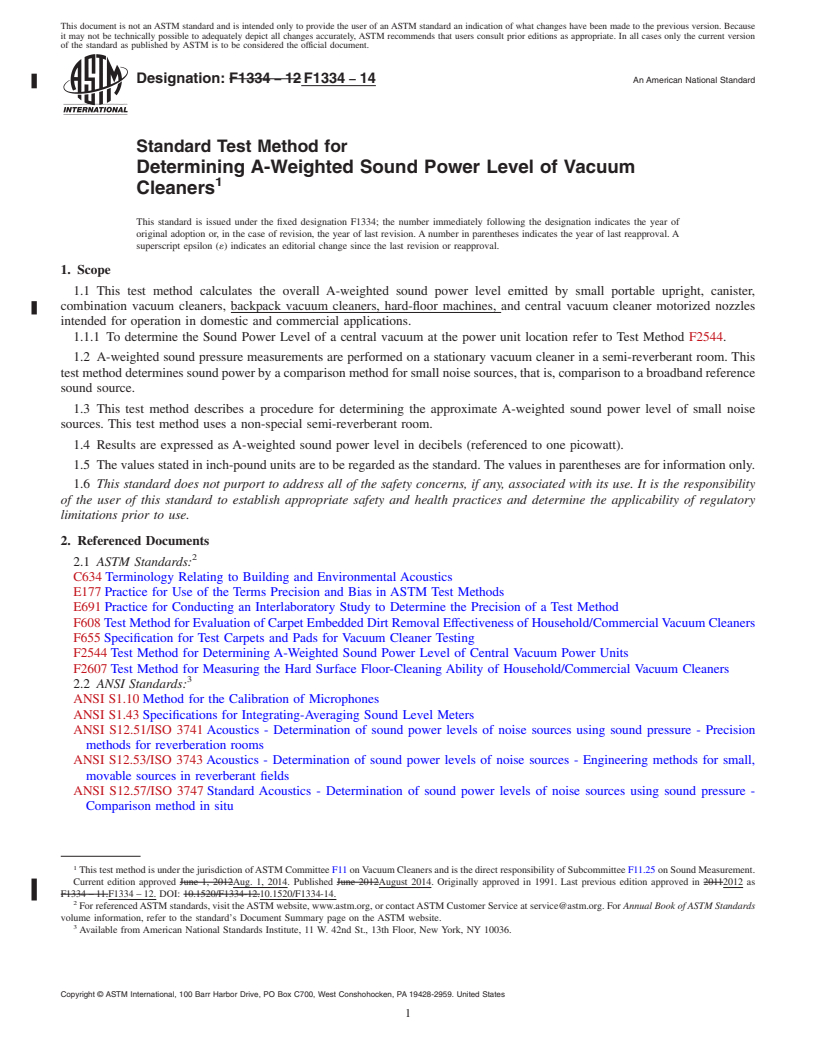 REDLINE ASTM F1334-14 - Standard Test Method for  Determining A-Weighted Sound Power Level of Vacuum Cleaners