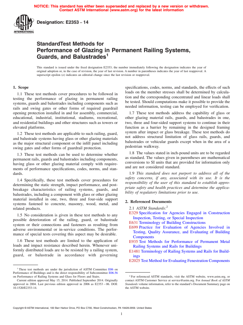 ASTM E2353-14 - Standard Test Methods for Performance of Glazing in Permanent Railing Systems, Guards,  and Balustrades