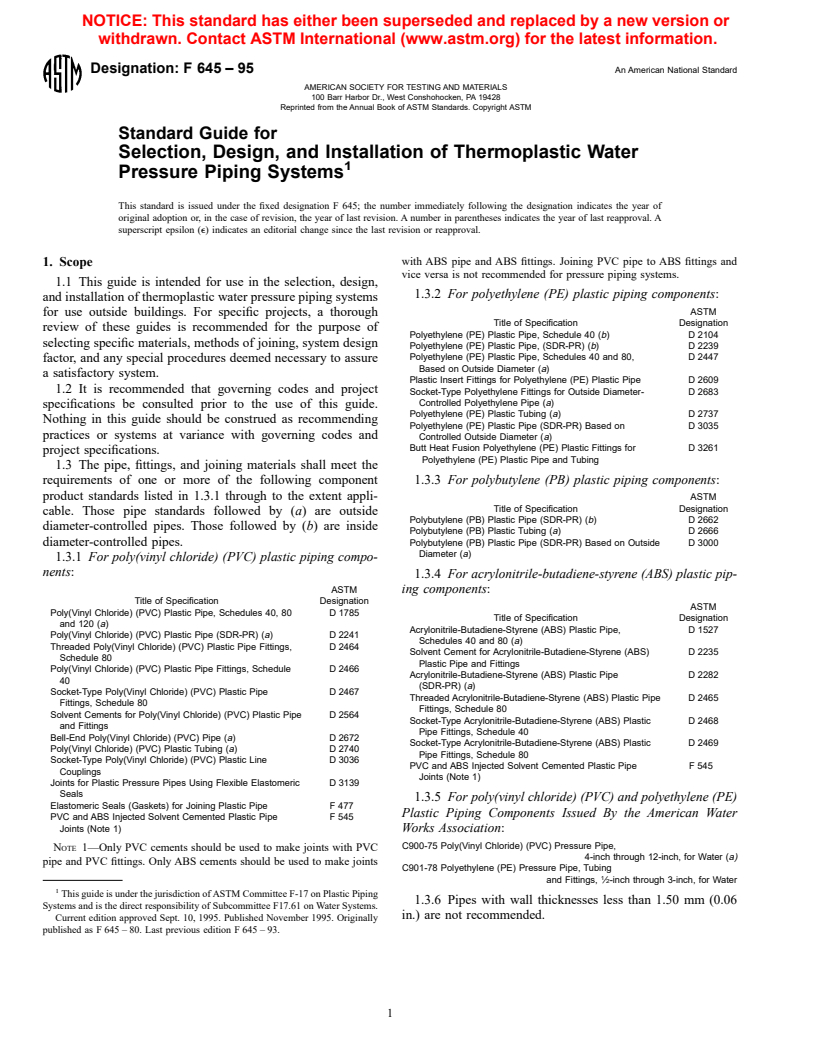 ASTM F645-95 - Standard Guide for Selection, Design, and Installation of Thermoplastic Water Pressure Piping Systems